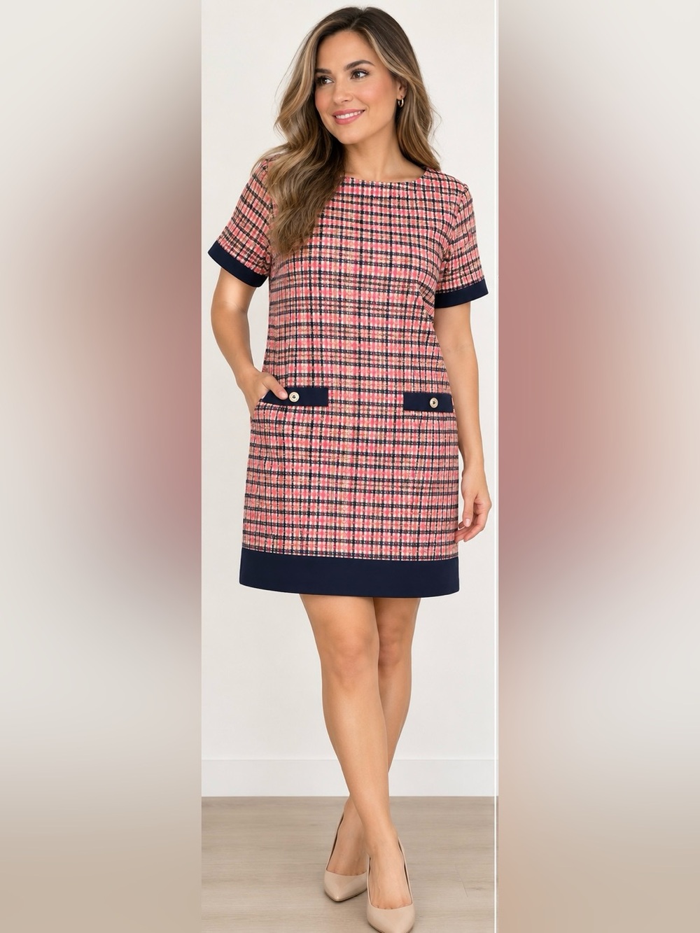 Tommy Hilfiger Pink Plaid Shift Dress with Navy Trim